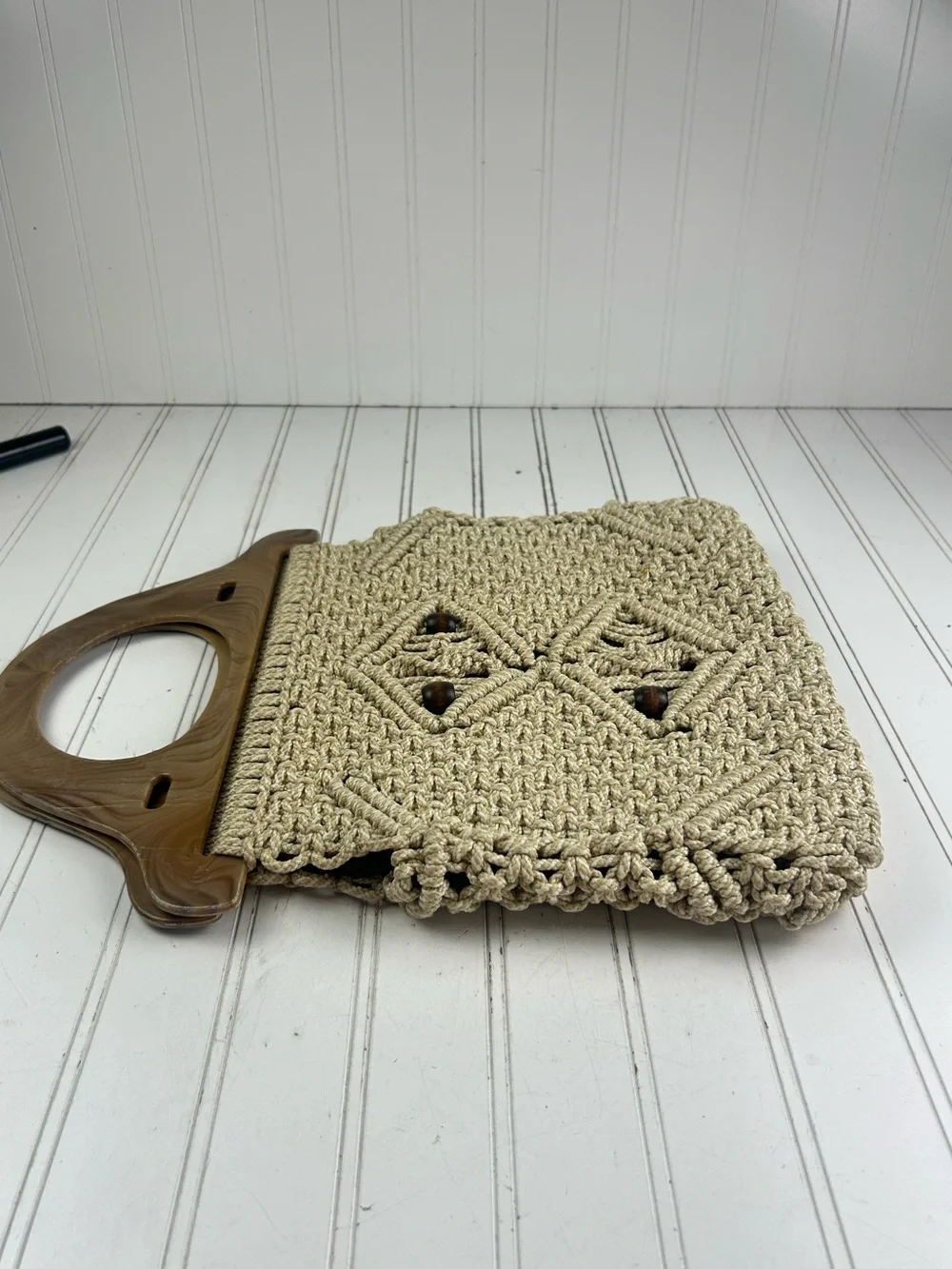 Vintage Y2K Vacation Boho Macrame Beige Woven Pattern Shoulder Bag Purse